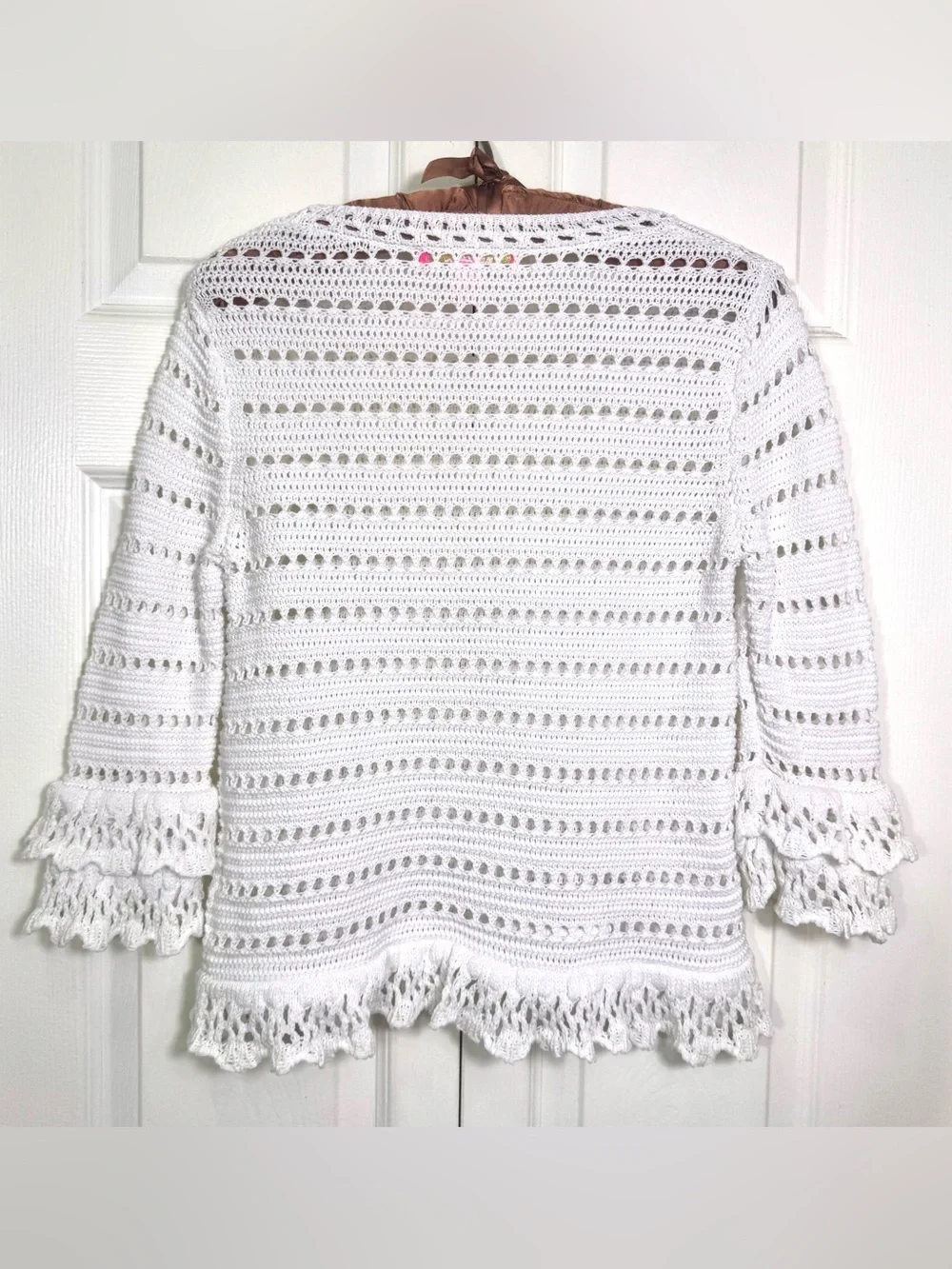 LILLY PULITZER Irina Sweater Resort White Crochet Knit Ruffle Sleeve Pullover S
